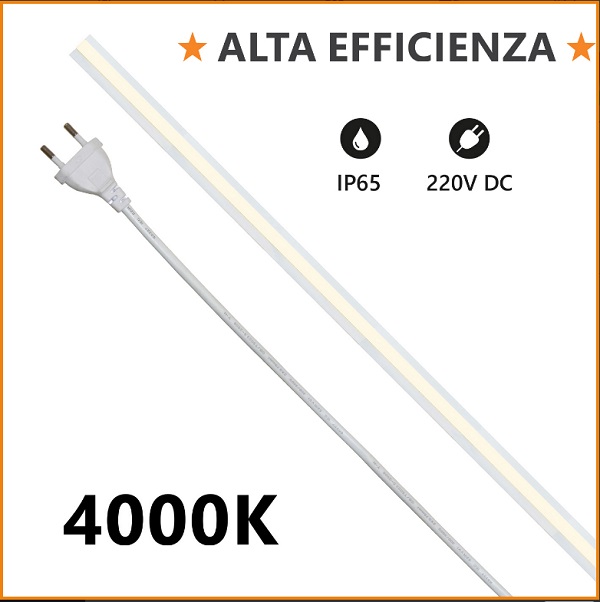 Strip LED COB 230V 12w/mt Luce Natura 1150 Lumen/mt IP65 Milky